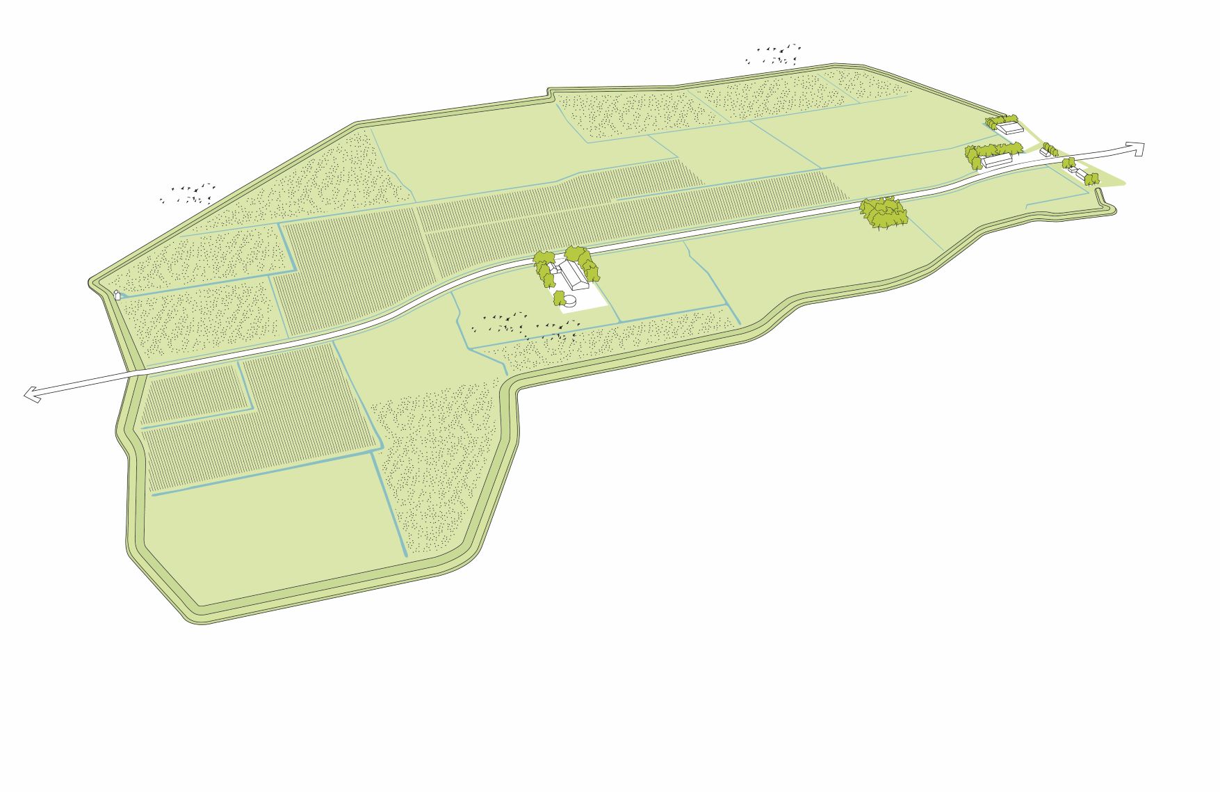 Illustratie van landschap met grotere peilvakken in combinatie met onderwaterdrainage of natuurontwikkeling